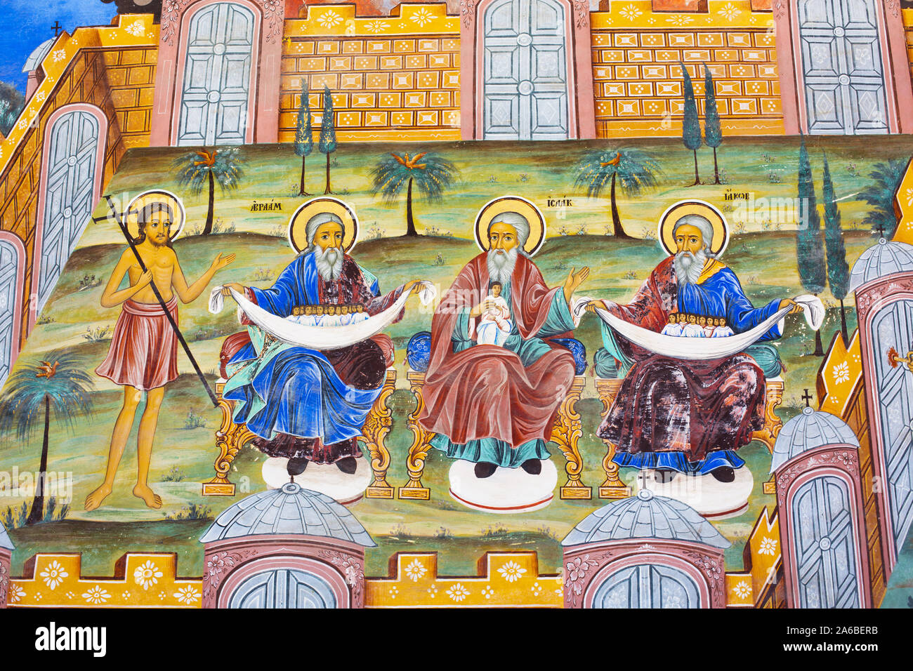 Wall painting  of Abraham, Isaac, Jacob at Rila Monastery church. The monastery is the largest in Bulgaria and a UNESCO World Heritage site Stock Photo