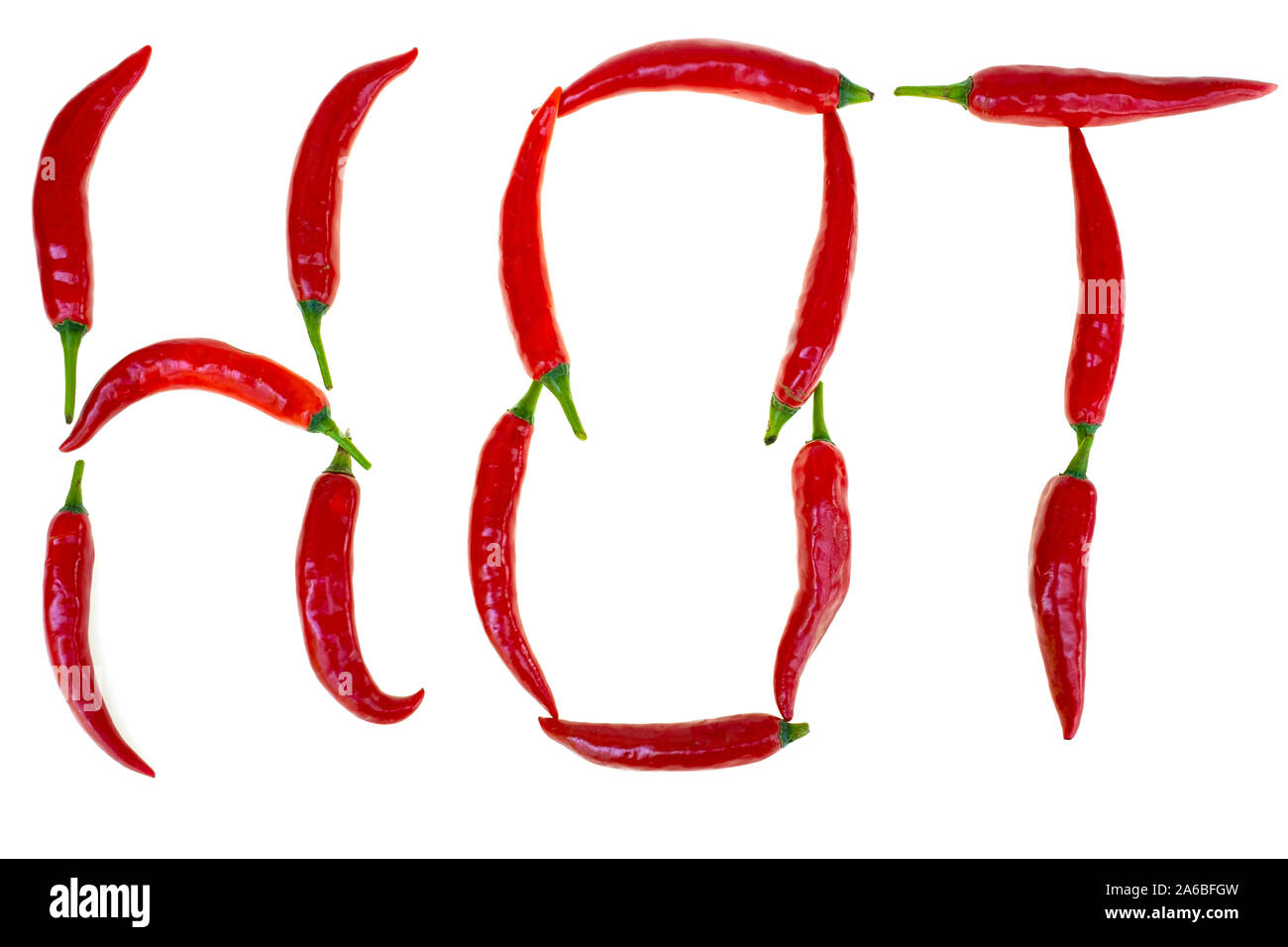 Group of chili pepper shape HOT english words at white background Stock