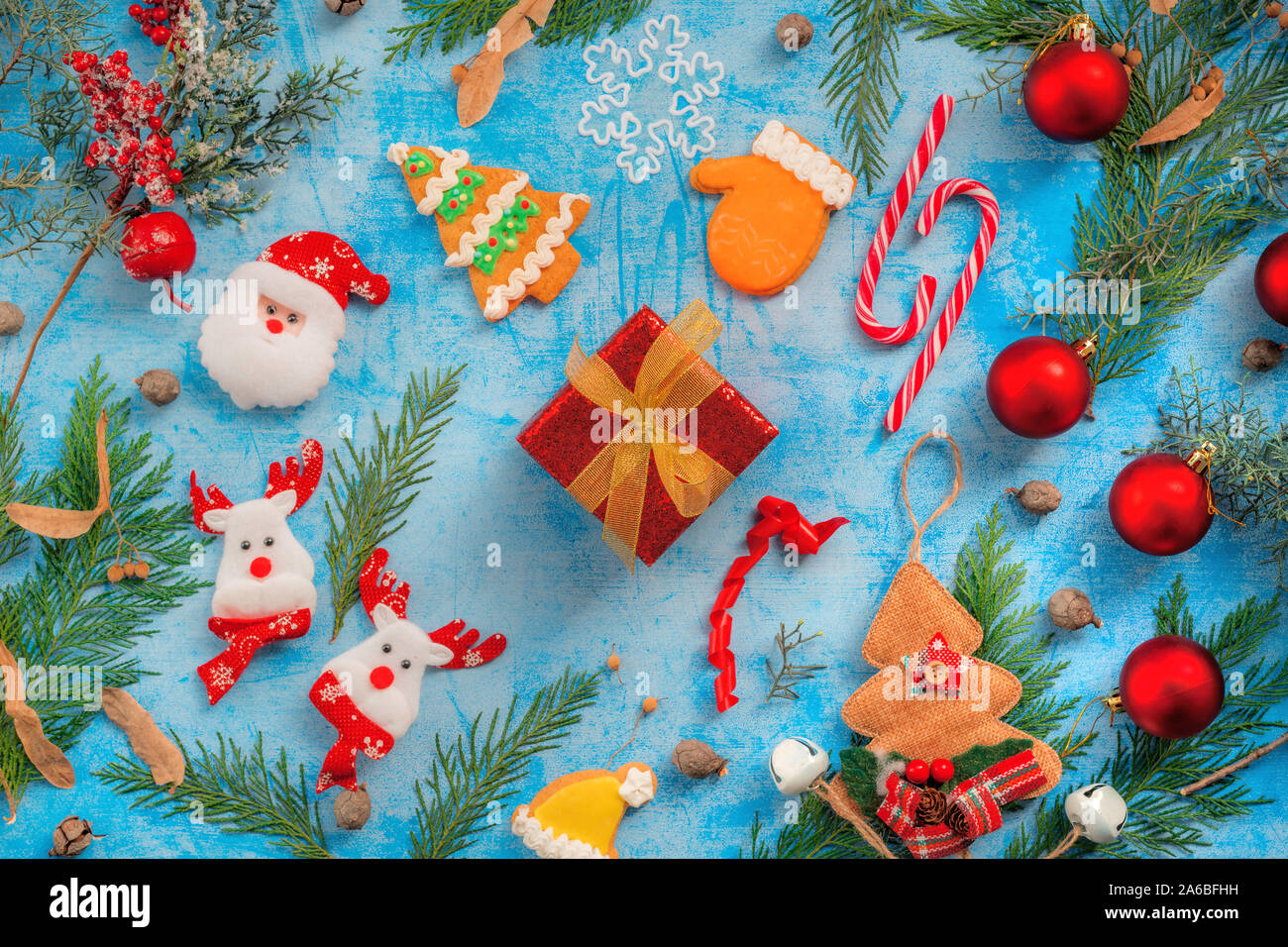 Christmas gift box flat lay top view with holiday decorations Stock Photo