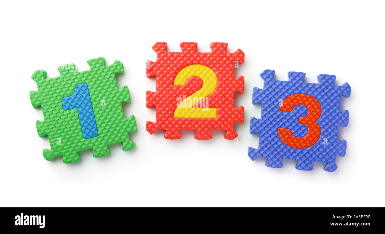 Top view of math numbers foam puzzle isolated on white Stock Photo