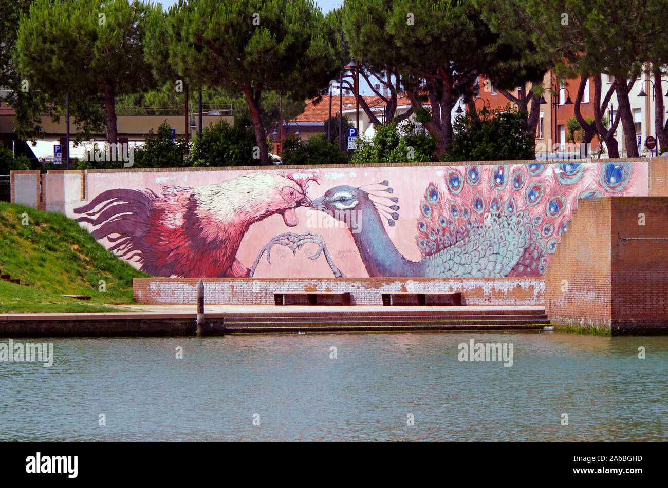 Large and elaborate mural, in Rimini, Italy, showing the heads of a cockerel and a peacock in profile confronting each other, beak to beak. Stock Photo