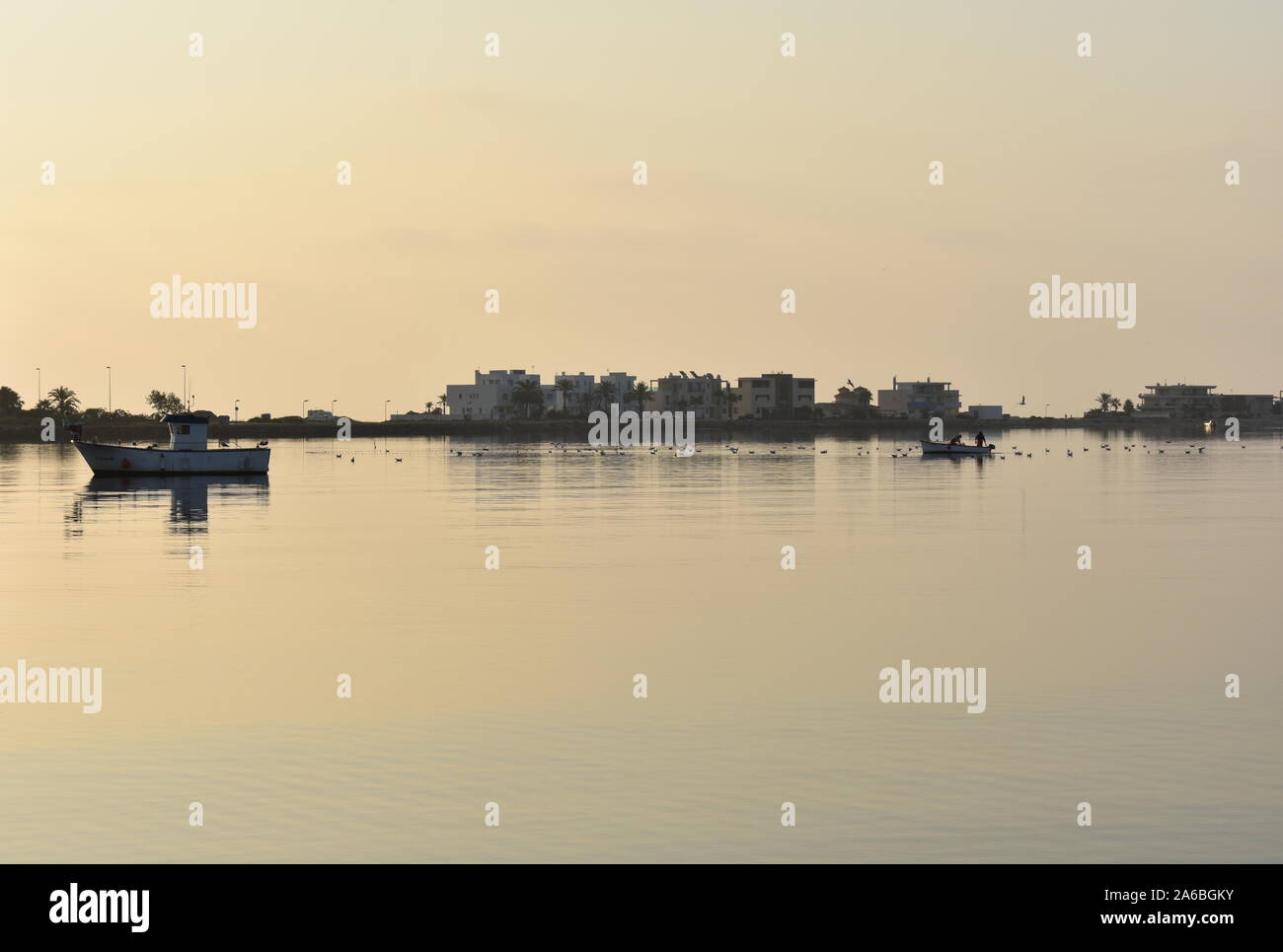 Fishing in the Mar Menor inland sea at dawn, Mar Menor, Murcia, Spain Stock Photo