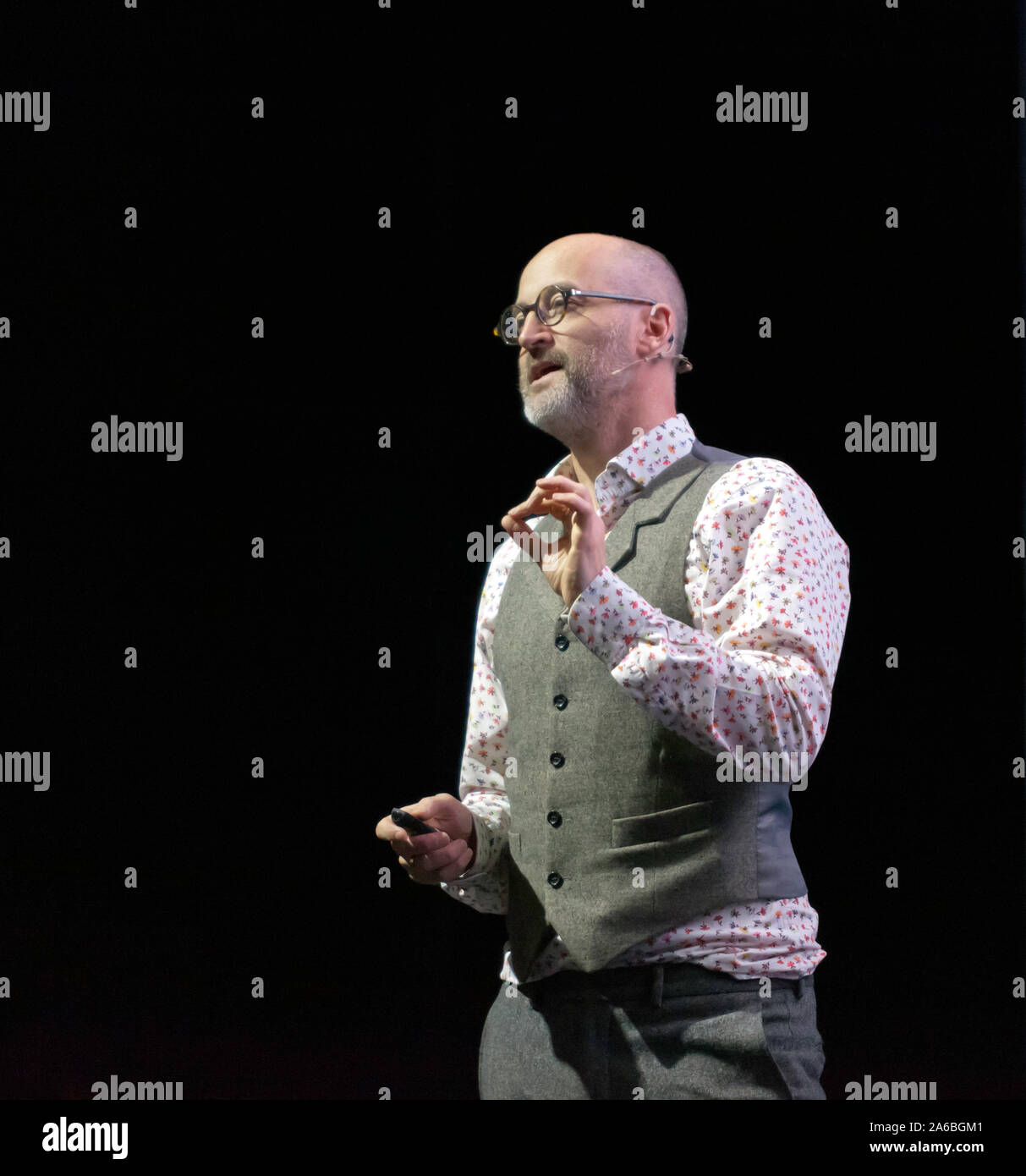 Mark Miodownik, Mechanical Engineer, at University College London, showcases the latest research, technologies, and social movements that promise to create a zero-waste economy. In his talk entitled 'Solving a problem like plastic',  on the Engineering Stage, at New Scientist Live 2019 Stock Photo