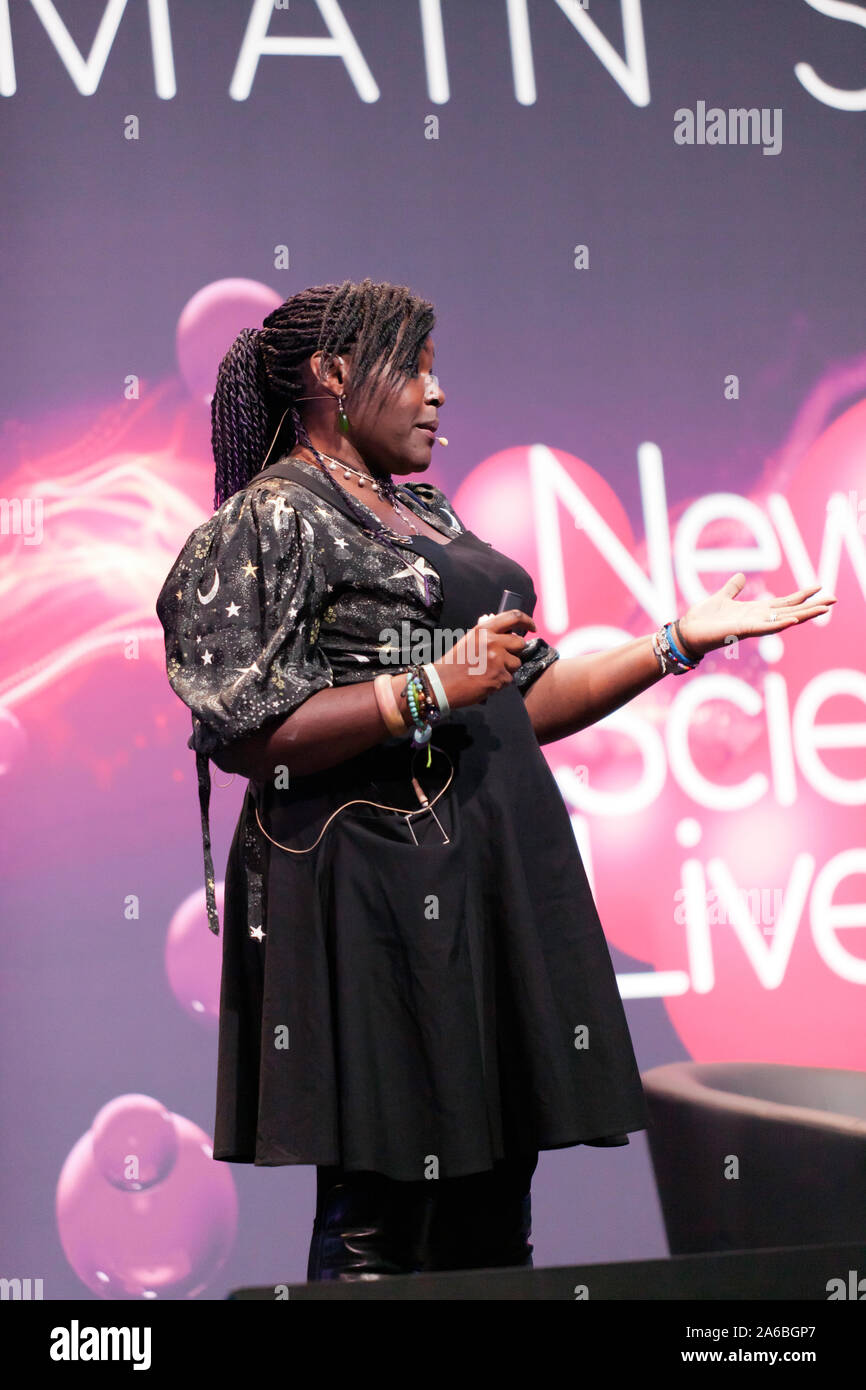 Maggie Aderin-Pocock MBE, Space scientist and presenter, Science Innovation Ltd, giving a talk entitled 'Moon: Past, present and future', on the Main Stage, at New Scientist Live 2019 Stock Photo