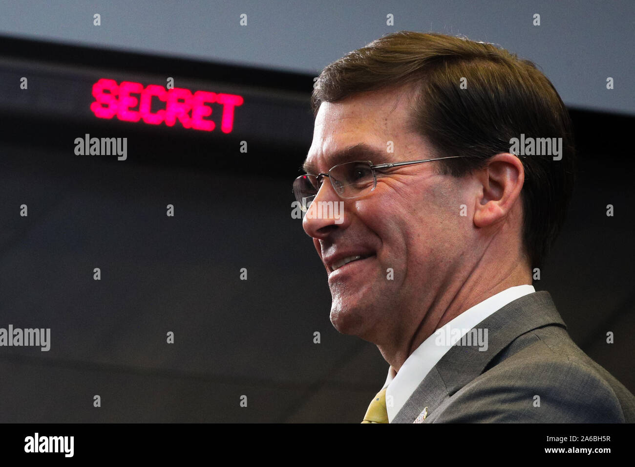 Brussels, Belgium. 25th Oct, 2019. U.S. Secretary of Defense Mark Esper attends the meeting of the North Atlantic Council in Defence Ministers' session at the NATO headquarters in Brussels, Belgium, Oct. 25, 2019. Credit: Zheng Huansong/Xinhua/Alamy Live News Stock Photo