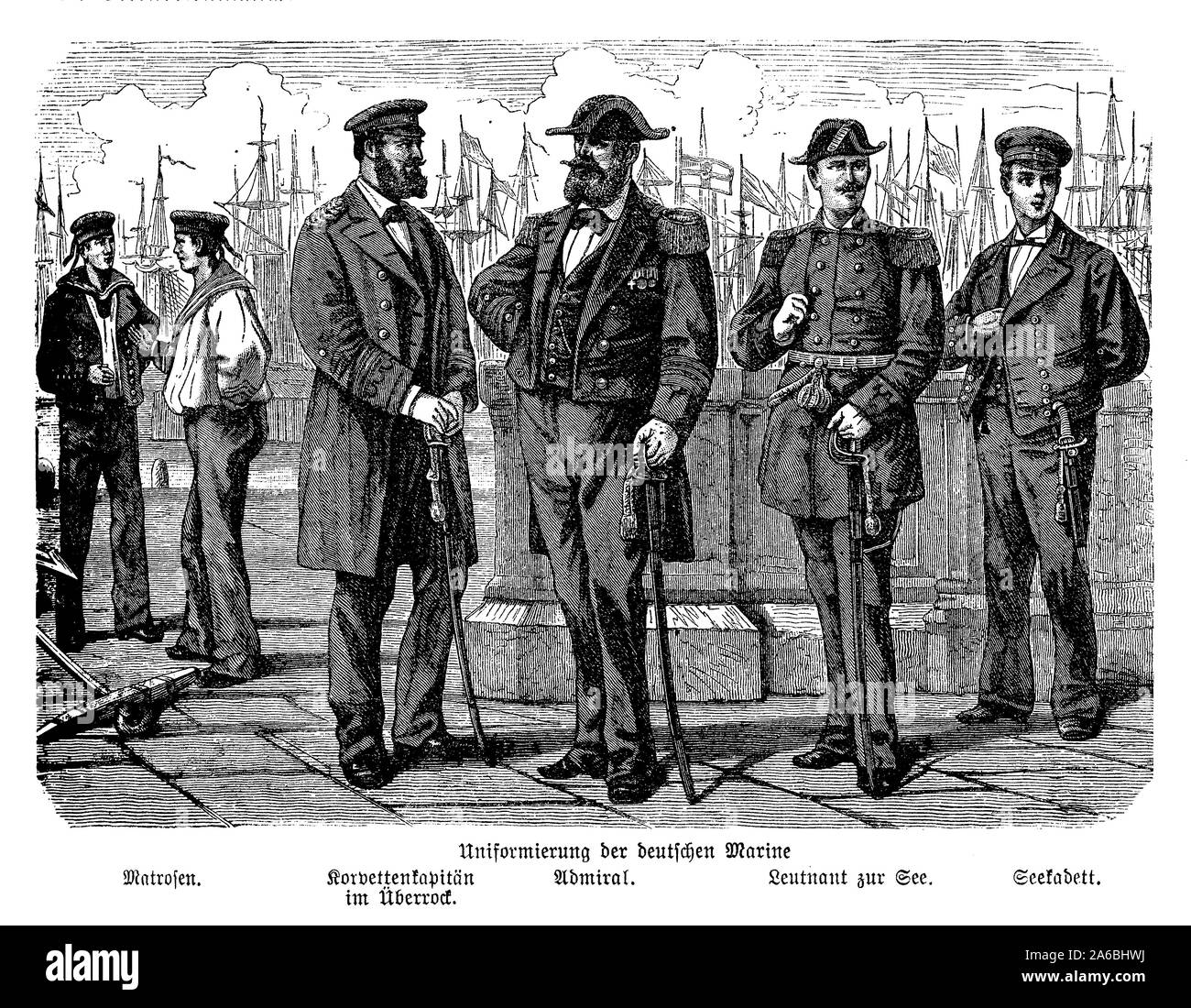 German engraving with the uniforms of the Imperial German Navy seaman and officers in 19th century, from left: sailors, corvette commander with coat, admiral, lieutenant and midshipman Stock Photo