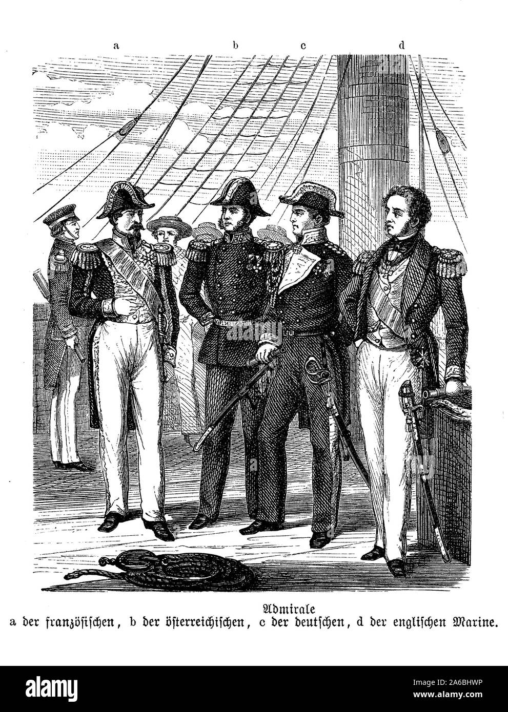 German vintage illustration of the  admiral uniforms of France, Austria, Germany and England in 19th century: frock coat with epaulettes,cuff embroidery and cocked hat Stock Photo
