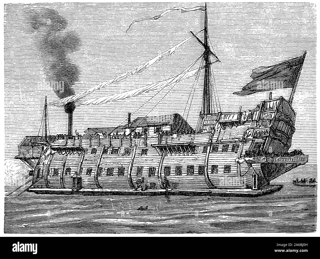 Prison ship: often a moored vessel modified to become a place of detention for convicts and civilians in 17th - 19th century Stock Photo