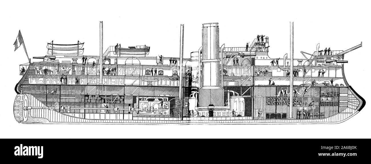 French heavily armed ironclad warship, longitudinal section design Stock Photo