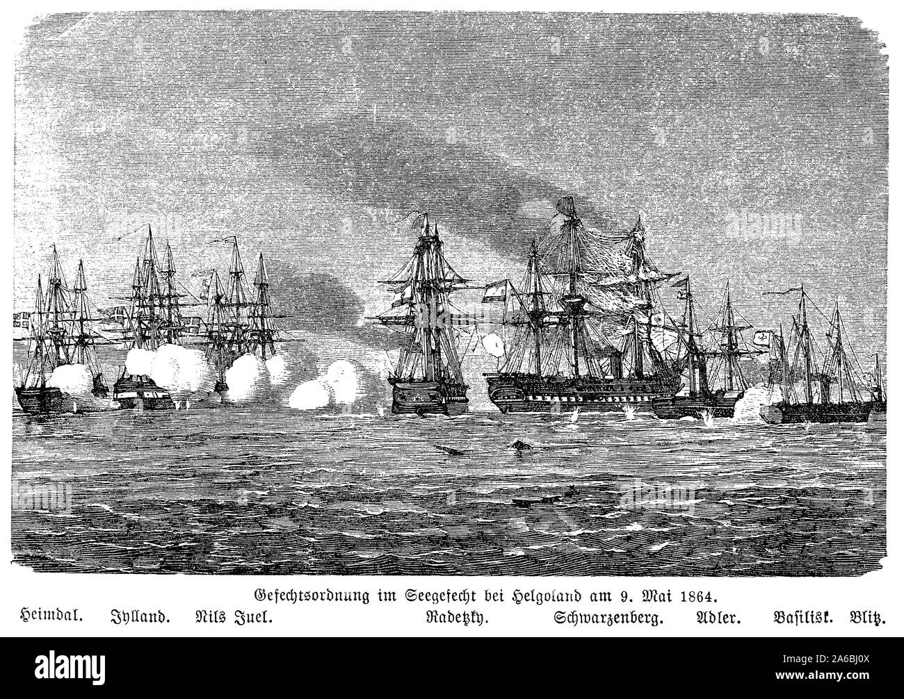 Battle of Heligoland (Helgoland) on 9 May 1864 between a Danish squadron and a joint Austro-Prussian navy fleet. The Danes had a tactical victory and an armistice came into effect. Stock Photo