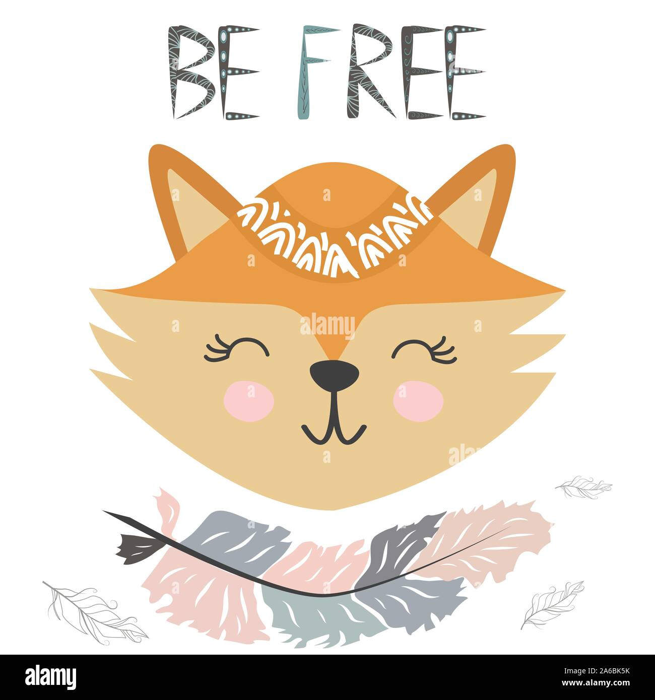 Cute little fox smiling face with graceful feather in the Scandinavian ...