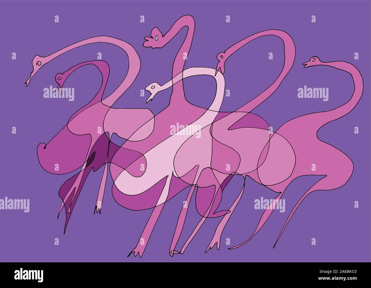 Flamingo Dance: decorative drawing of a pink-purple flamingo group against a blue background. Decorative artwork can be used as wallpaper and more. Stock Vector
