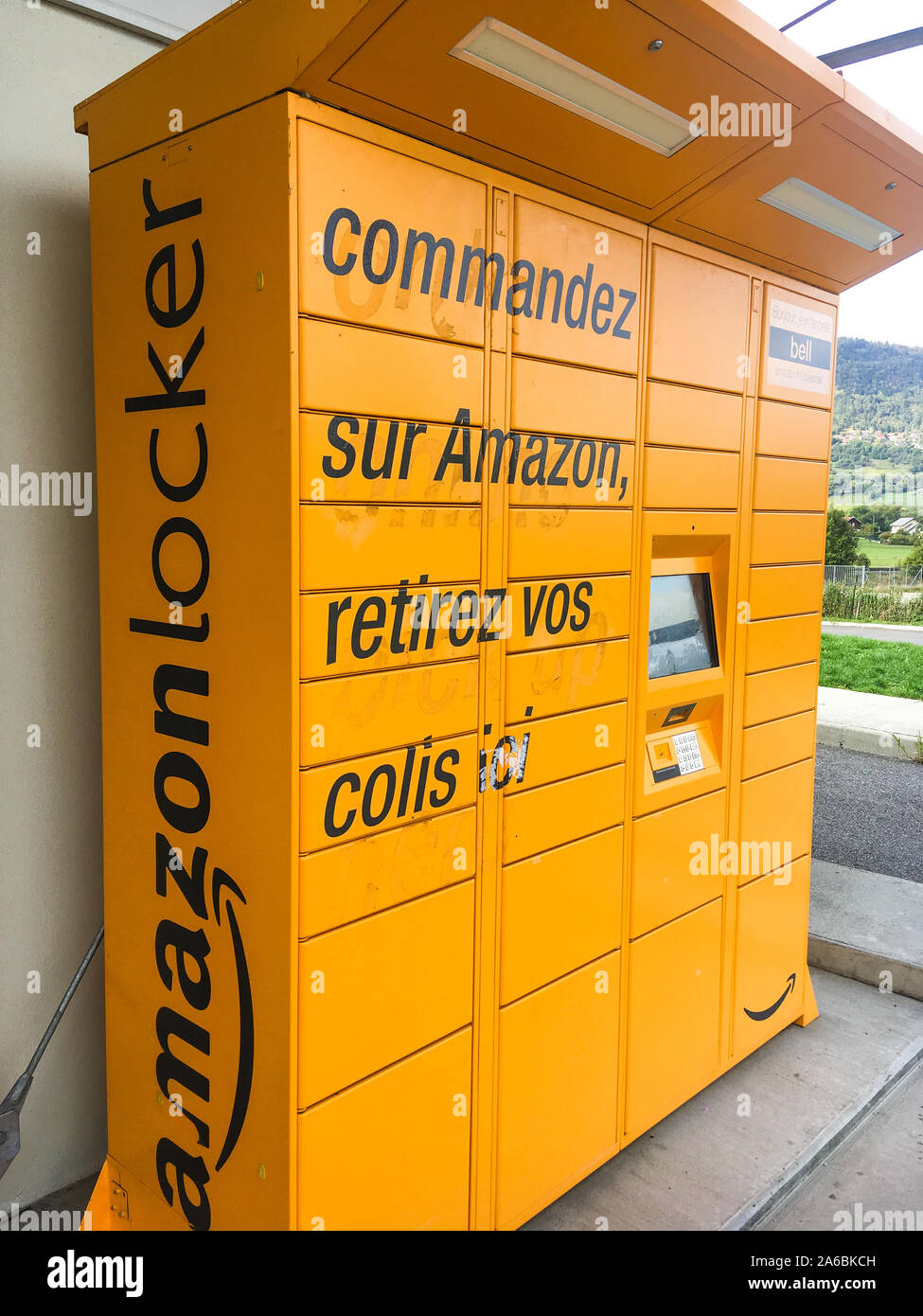 Amazon locker, packs delivery point, Highway rest area, France Stock