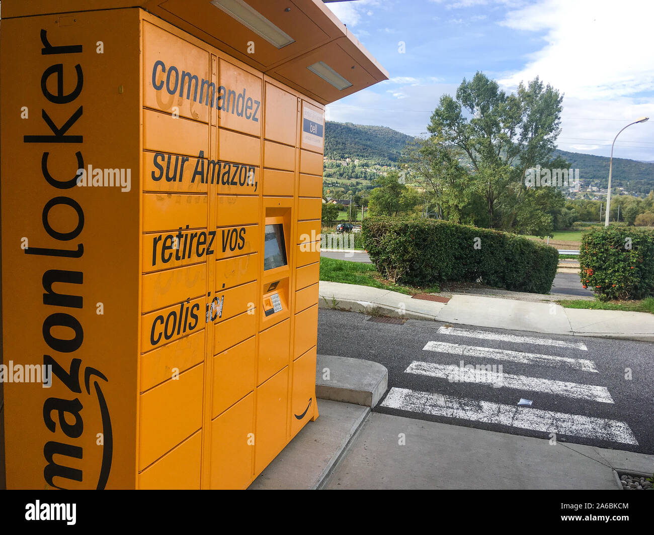 Amazon locker, packs delivery point, Highway rest area, France Stock