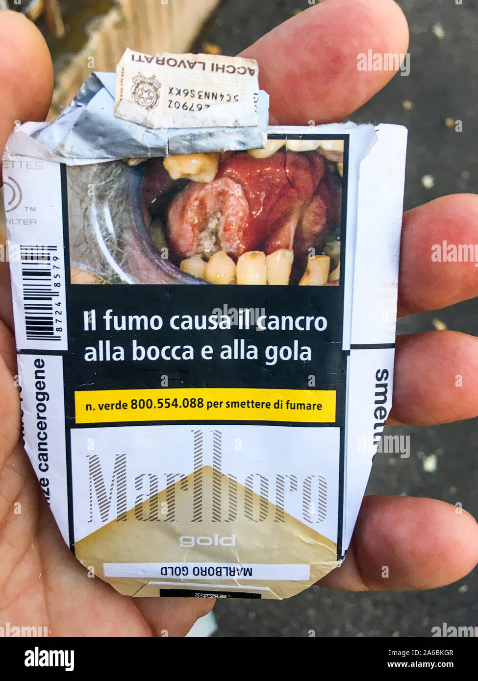 Italian Marlboro cigarettes pack with signs signalizing risks of cancer