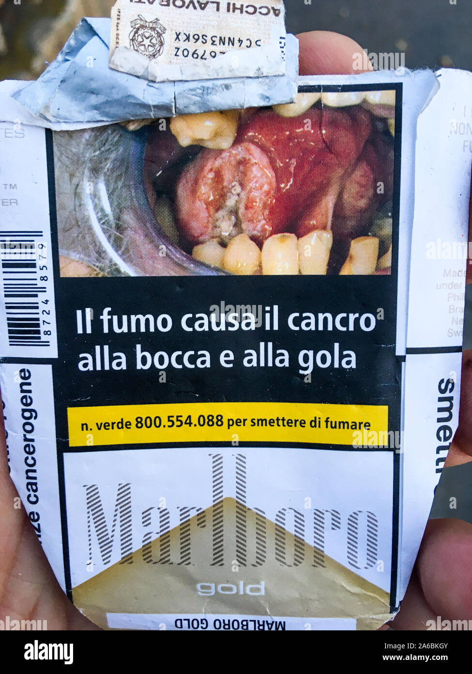 Italian Marlboro cigarettes pack with signs signalizing risks of cancer,  Milan, Lombardia, Italy Stock Photo