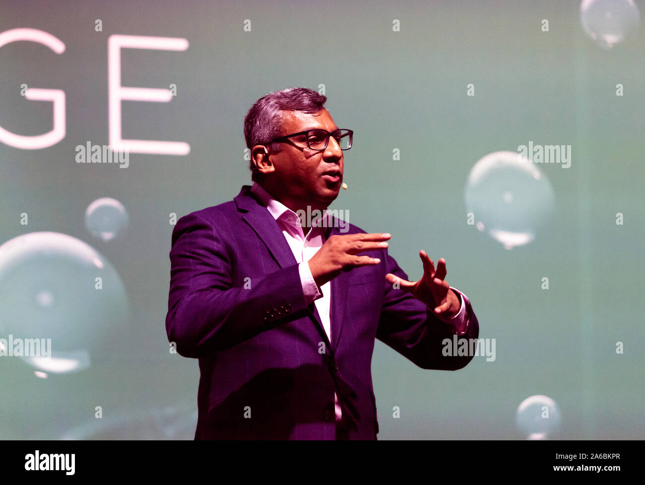 Subramanian Ramamoorthy, Robotic engineer at the Edinburgh Center for Robotics, giving a talk entitled 'Intelligent robots: friend or foe?', on the Technology Stage, at New Scientist Live 2019 Stock Photo