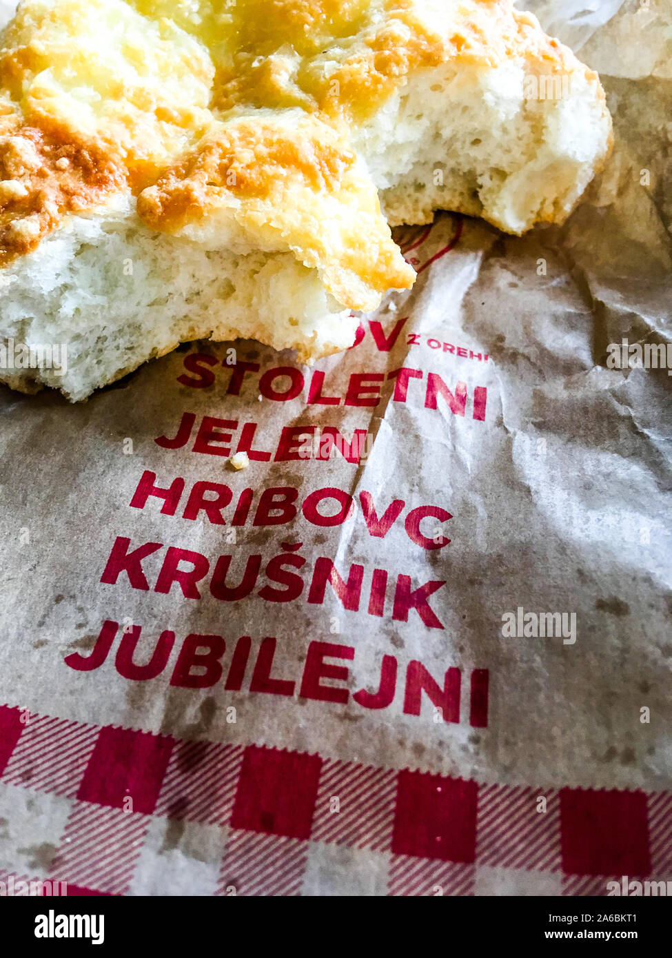 Cheese bread, fast food restaurant, Ljubljana, Slovenia Stock Photo
