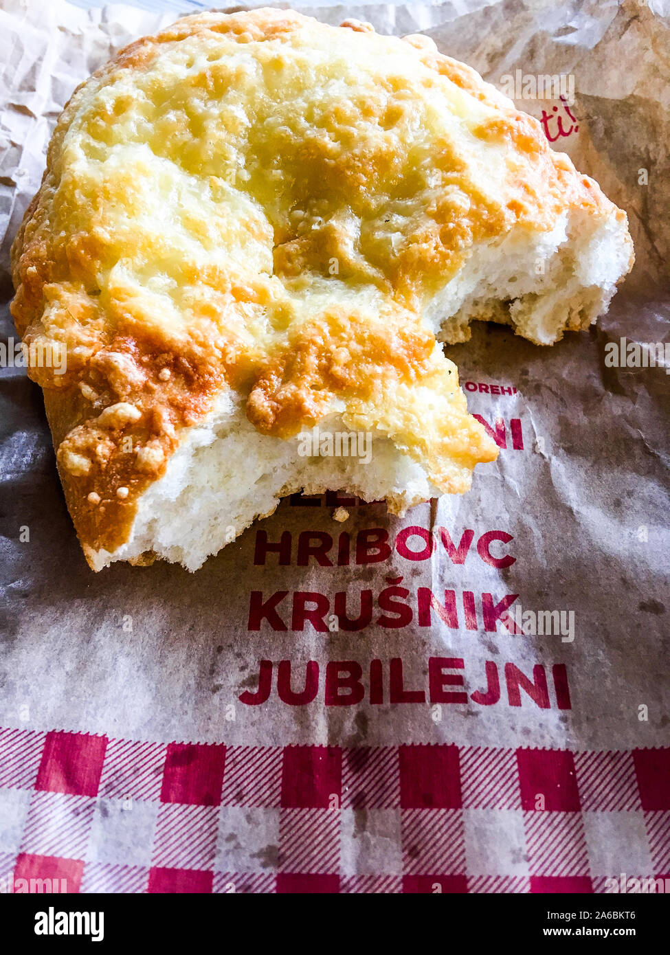 Cheese bread, fast food restaurant, Ljubljana, Slovenia Stock Photo