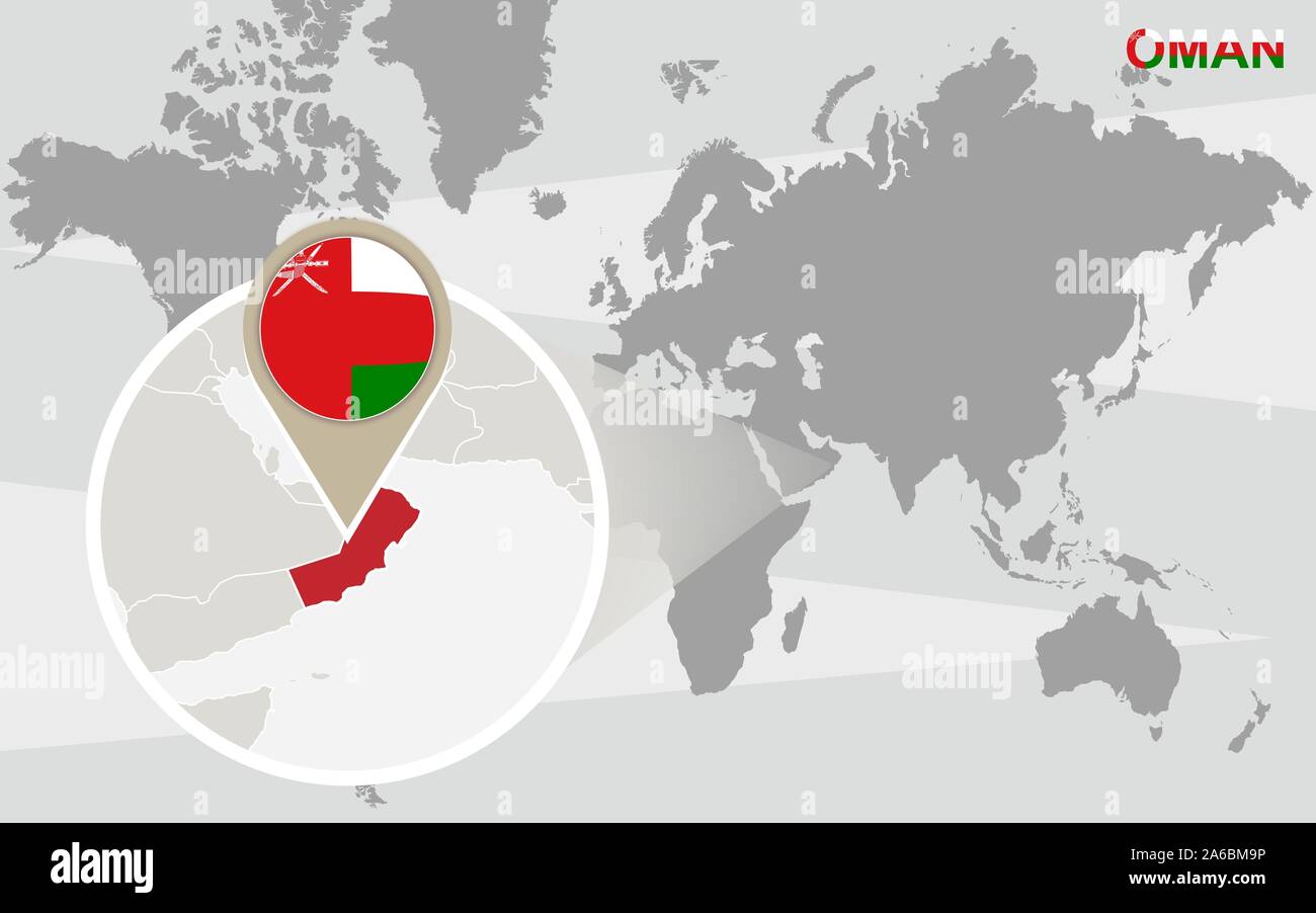 World Map With Magnified Oman Oman Flag And Map Stock Vector Image World Map With Magnified Oman Oman Flag And Map 2A6BM9P