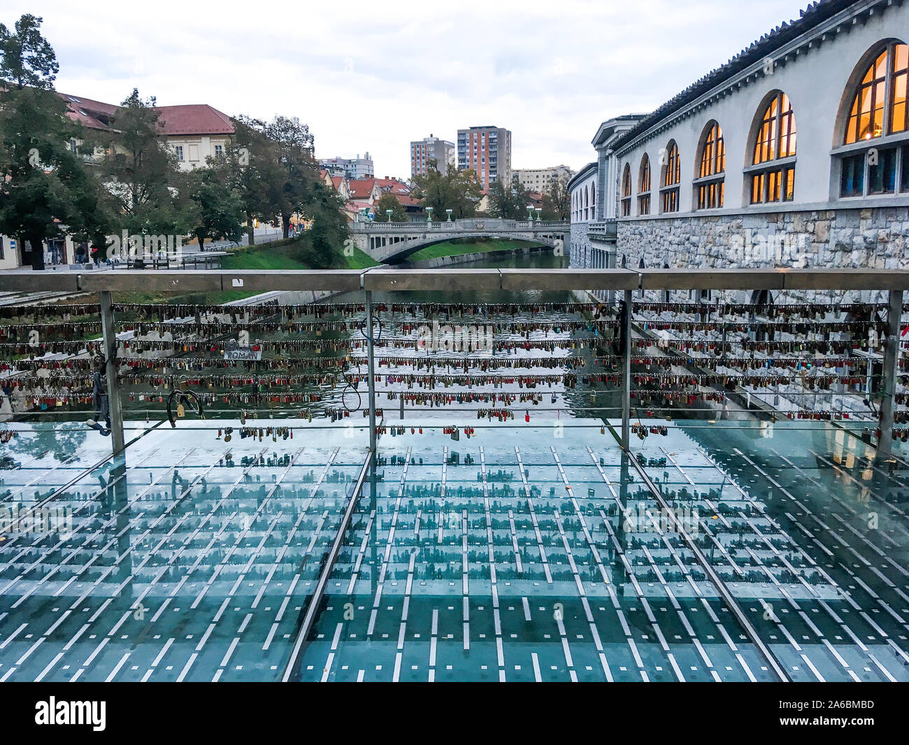 Love locks at Mesarski most Mezarki bridge, Ljubljana, Slovenia Stock