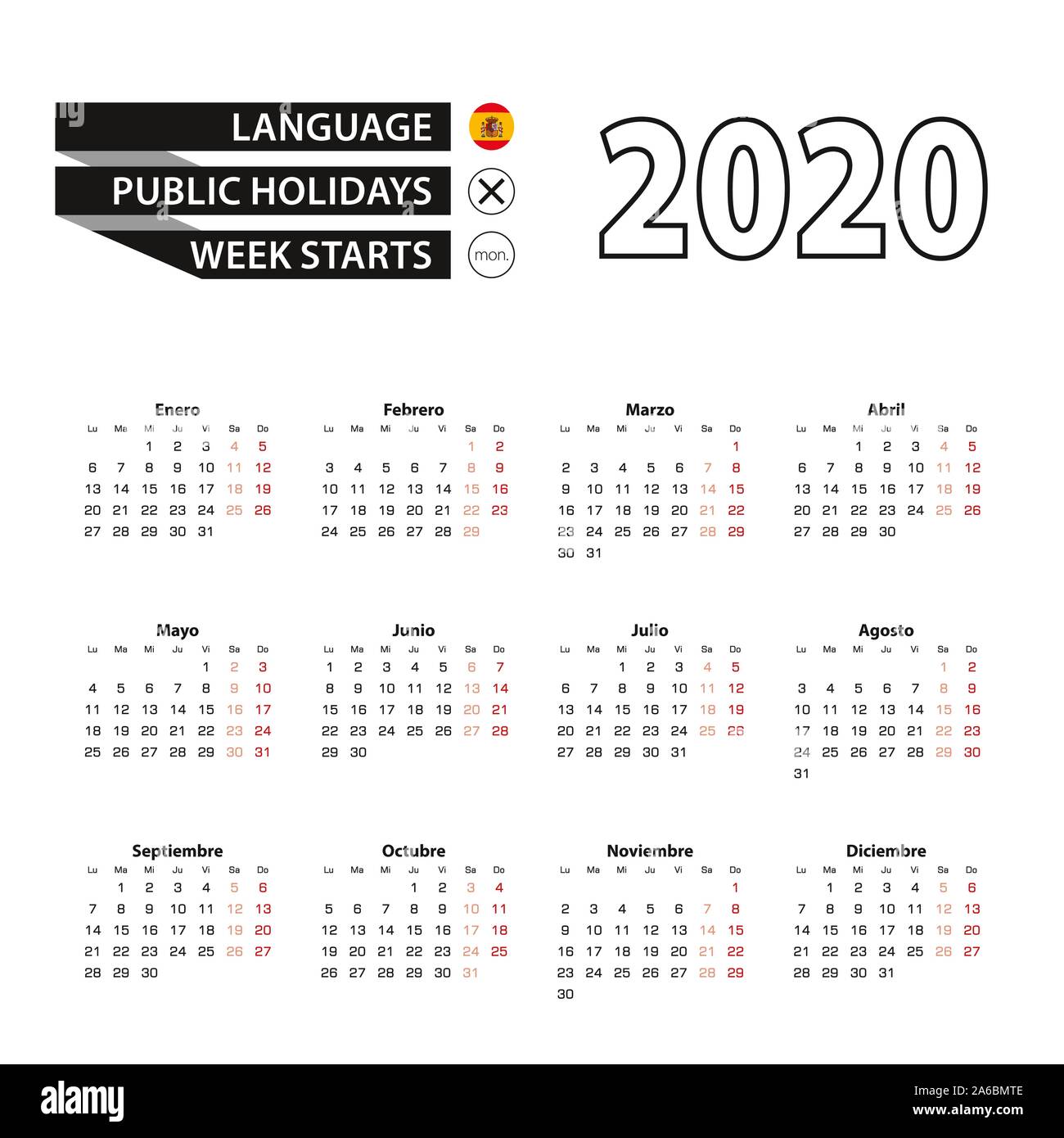 Calendar 2020 in Spanish language, week starts on Monday. Vector calendar 2020 year. Stock Vector