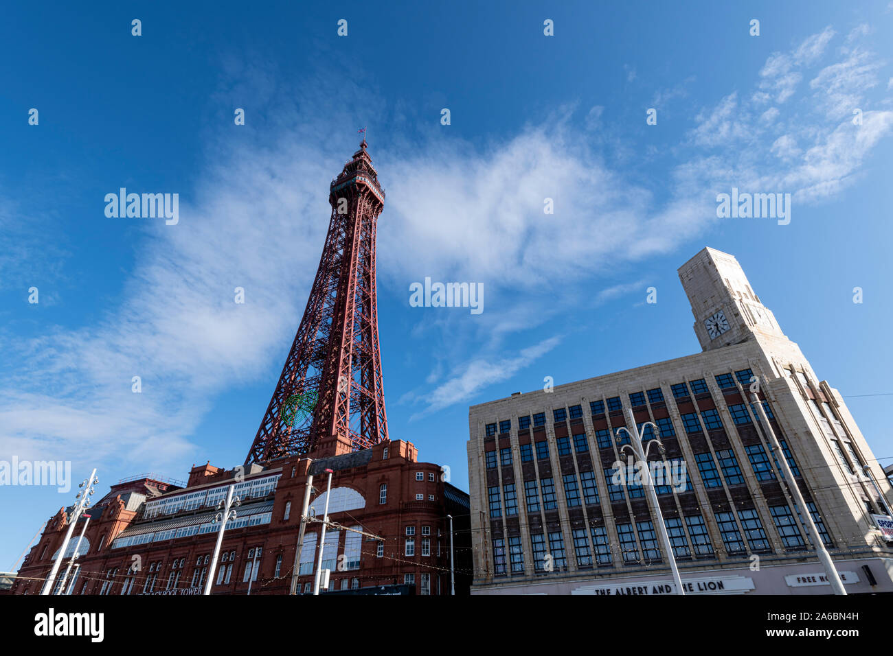 Blackpool Tower ans the old Woolworths building on a sunny day with blue skies. Stock Photo