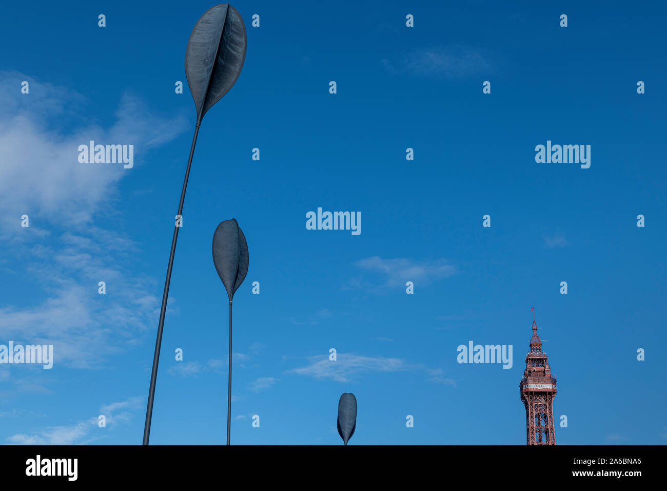 'Dune Grass' swaying sculptures on Blackpool promenade with the Tower. Stock Photo