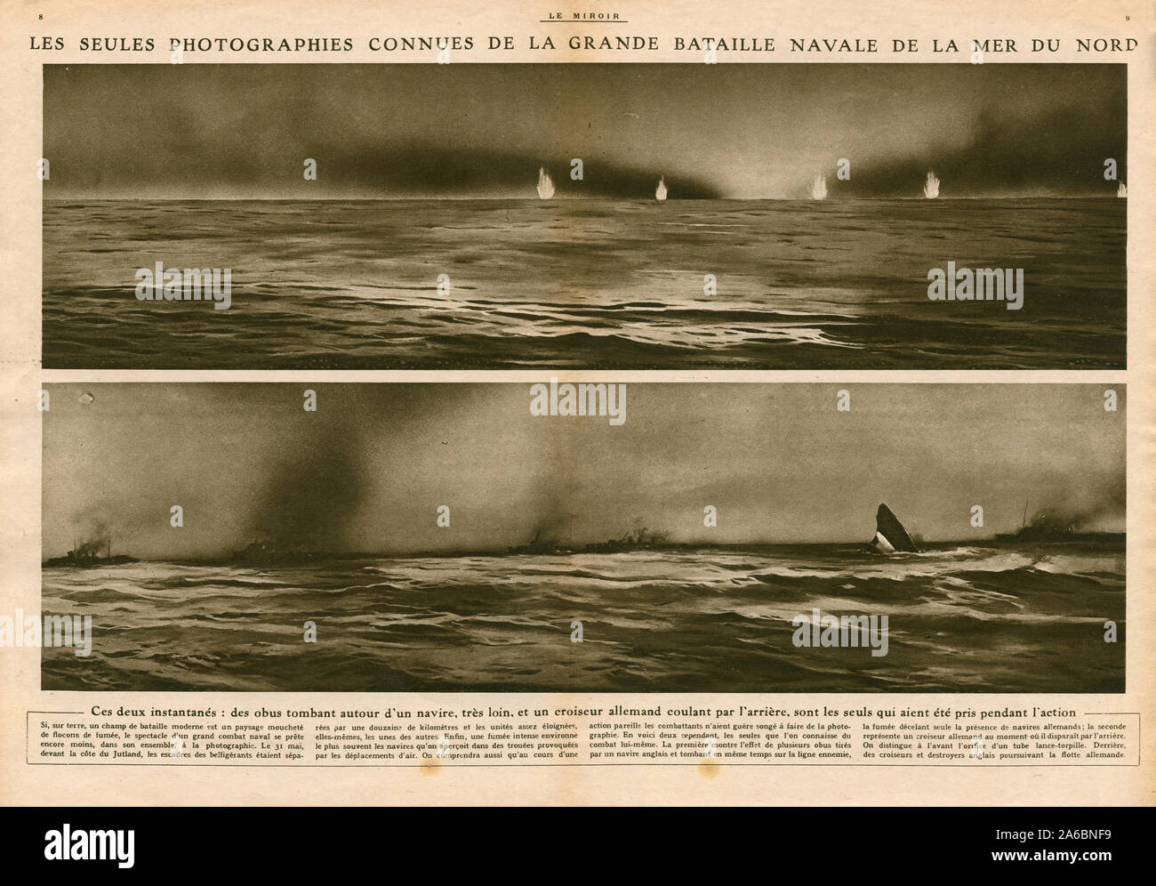 Le Miroir article dated 25th June 1916 showing sketches of combat at the Battle of Jutland between the British Royal Navy and the German High Seas Fleet in June 1916  Le Miroir was a supplement to the Petit Parisien and first appeared in print in 1910 Stock Photo