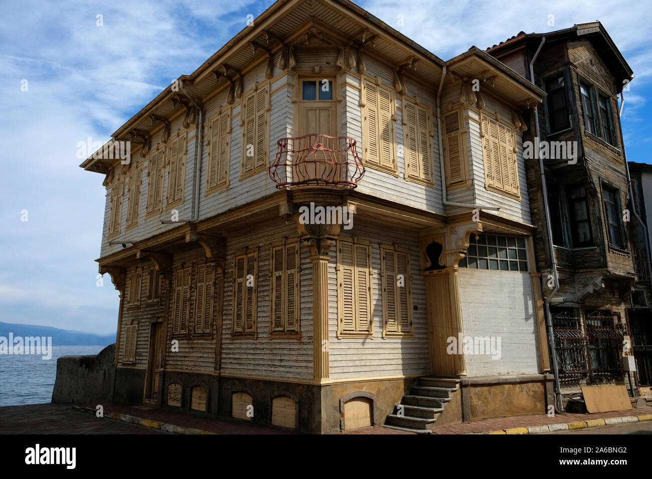 There are many Old wooden houses in the neighborhood of Giritli in the district of mudanya. Stock Photo