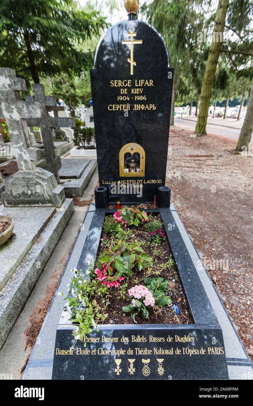 A grave tomb of the famous Ukrainian-French dancer and choreographer Serge Lifar in the Sainte-Genevieve-des-Bois Russian Cemetery, France Stock Photo