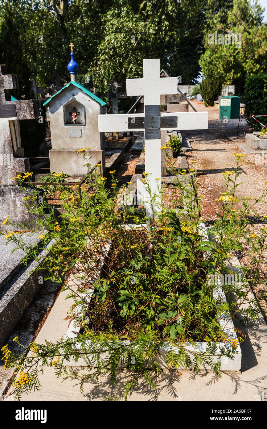 A tomb of Prince Felix Yusupov, an assassin of Rasputin, in the Russian Orthodox Cemetery of Sainte-Genevieve-des-Bois, France Stock Photo