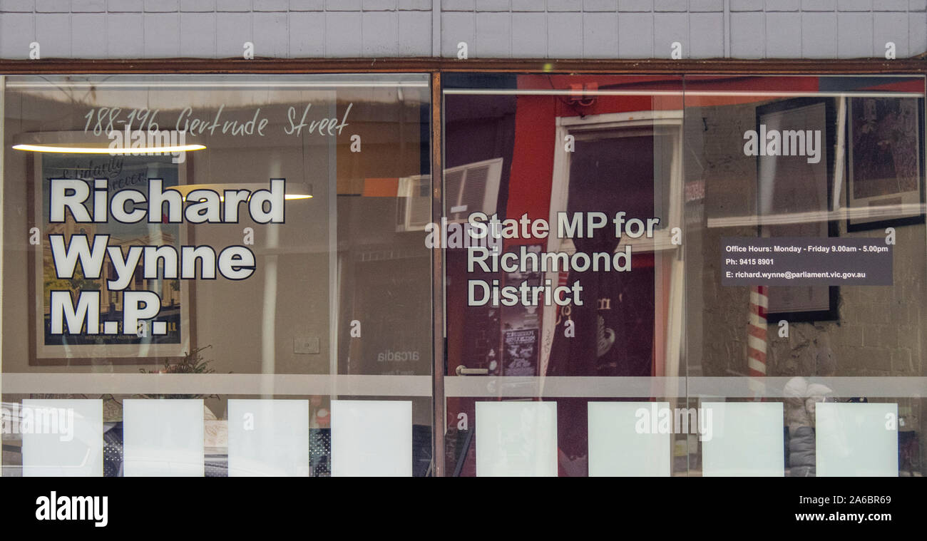 Glass window of office of Richard Wynne MP Labor Party member of parliament Victorian Legislative Assembly electorate of Richmond Victoria Australia. Stock Photo