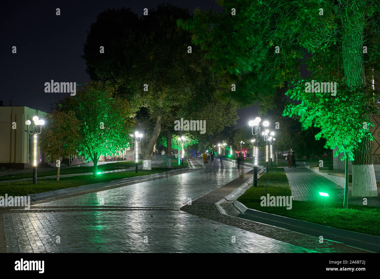 illuminated pedestrian zone of Tashkent Road, Samarkand, Uzbekistan, Central Asia Stock Photo