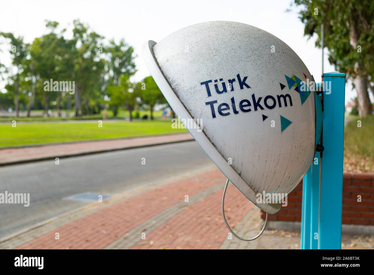 Landline public telephone urban communications booth in Turkey Stock