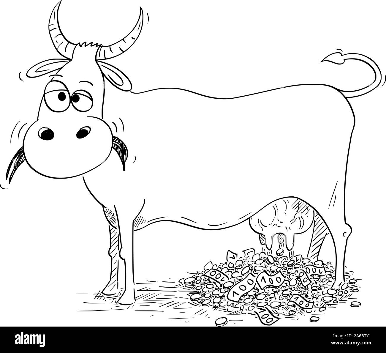 Vector cartoon stick figure drawing conceptual illustration of cash cow giving or milking money. Concept of cash generating product. Stock Vector
