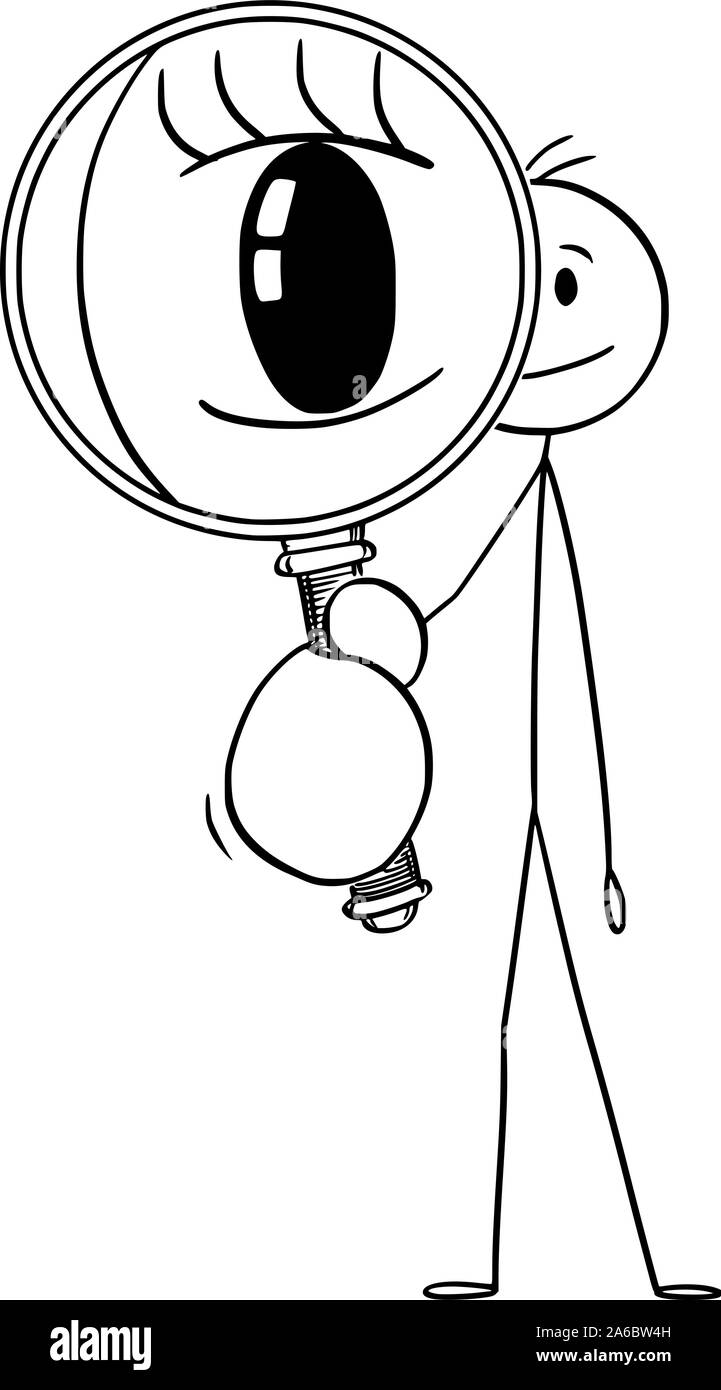 Vector cartoon stick figure drawing conceptual illustration of man or detective looking through magnifying glass or magnifier. Stock Vector