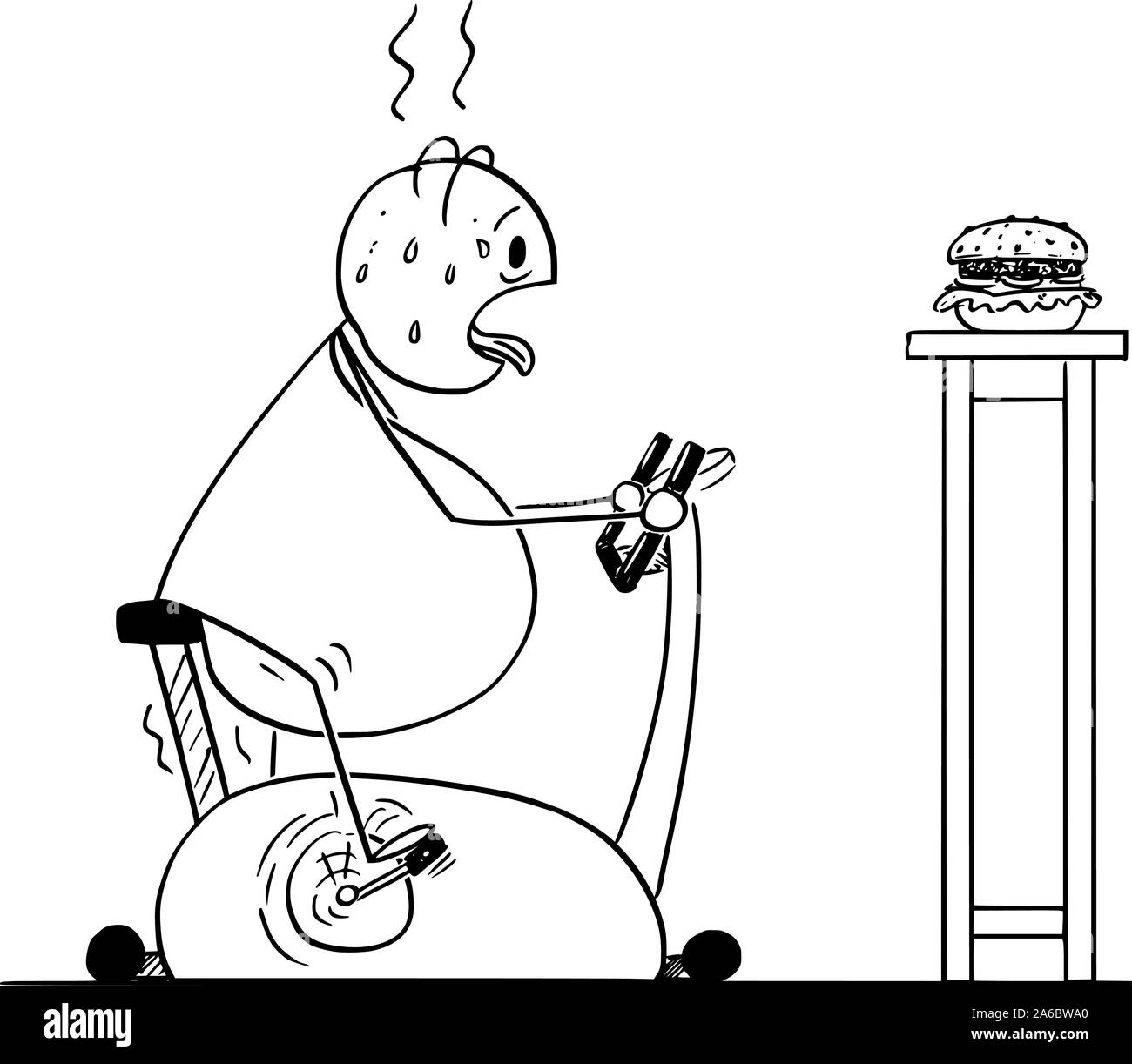 Vector cartoon stick figure drawing conceptual illustration of fat or overweight man riding exercise bike or stationary bicycle and looking at burger. Concept of healthy lifestyle. Stock Vector