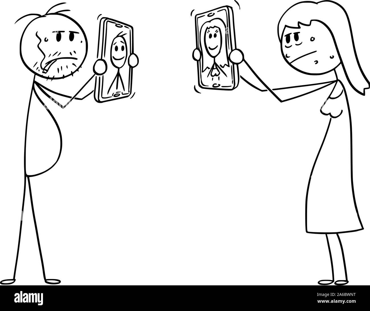 Vector cartoon stick figure drawing conceptual illustration of ordinary or ugly man and woman, showing their unrealistic retouched and idealized photos on social networks on mobile phones. Stock Vector