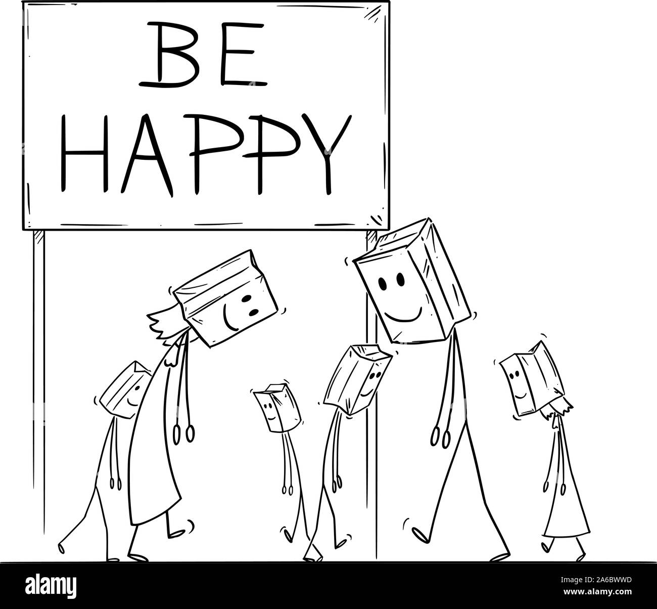 Vector cartoon stick figure drawing conceptual illustration of sad and  depressed people walking under be happy sign, with paper bags with painted  smile on their heads as mask Stock Vector Image &