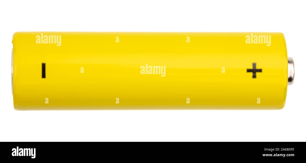 Top view of yellow AA alkaline battery (Mignon) or NiMH rechargeable cell isolated on white background Stock Photo