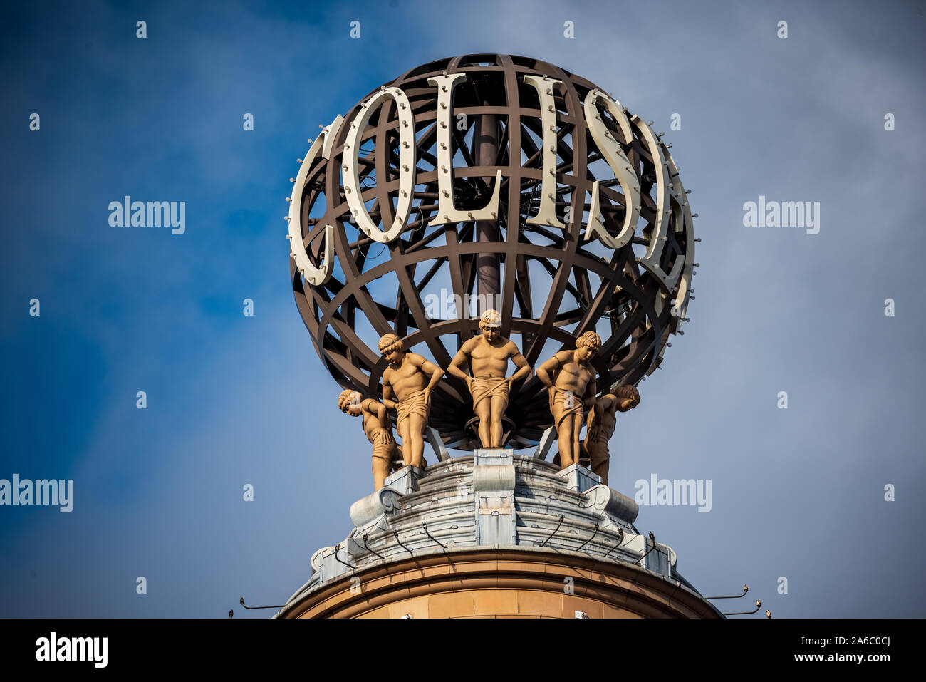 The London Coliseum Theatre. Rotating Globe on the roof of the West End theatre on St Martin’s Lane. Opened in 1904, designer Frank Matcham. Stock Photo