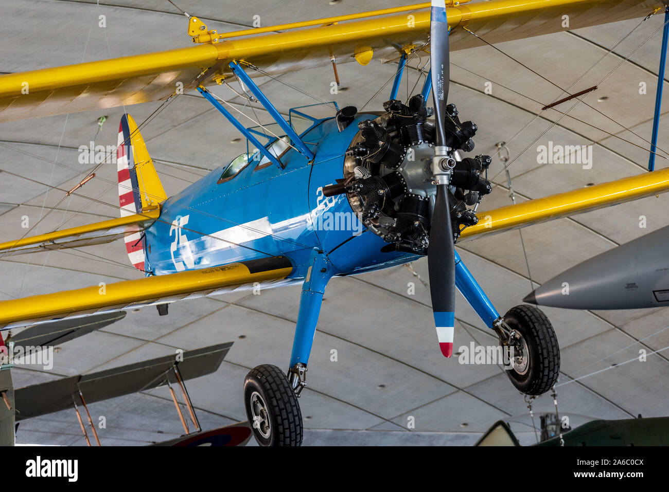 Vintage Boeing Stearman PT17 Biplane trainer aircraft at the American Air Museum at the Imperial War Museum, Duxford, Cambridgeshire UK Stock Photo