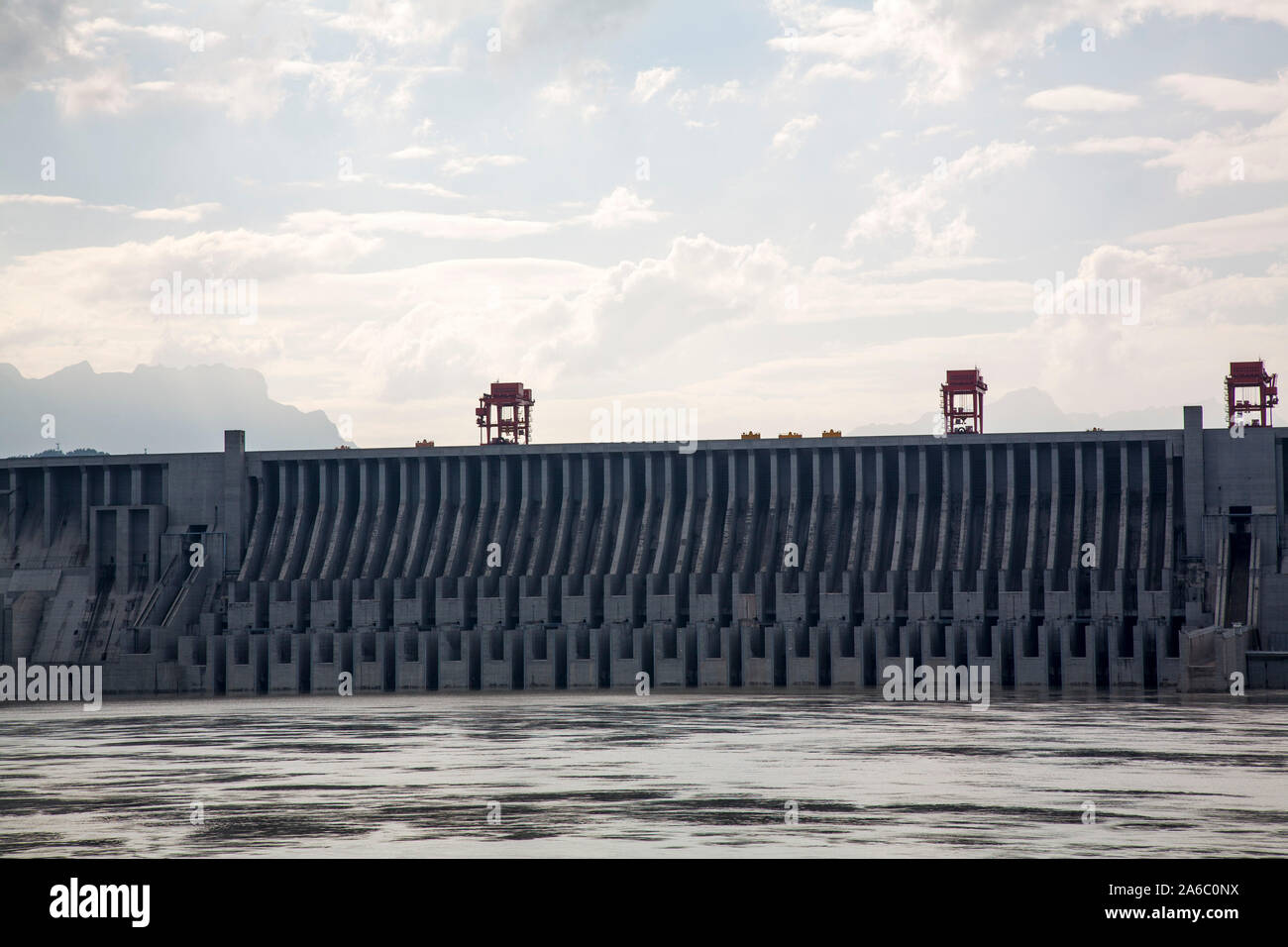 View of concrete construction Three Gorges Dam Yangtze River China ...