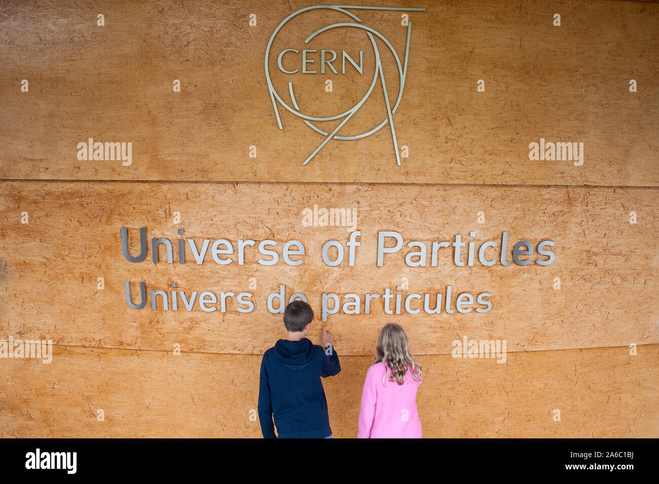 two children outside the Cern museum in Switzerland Stock Photo