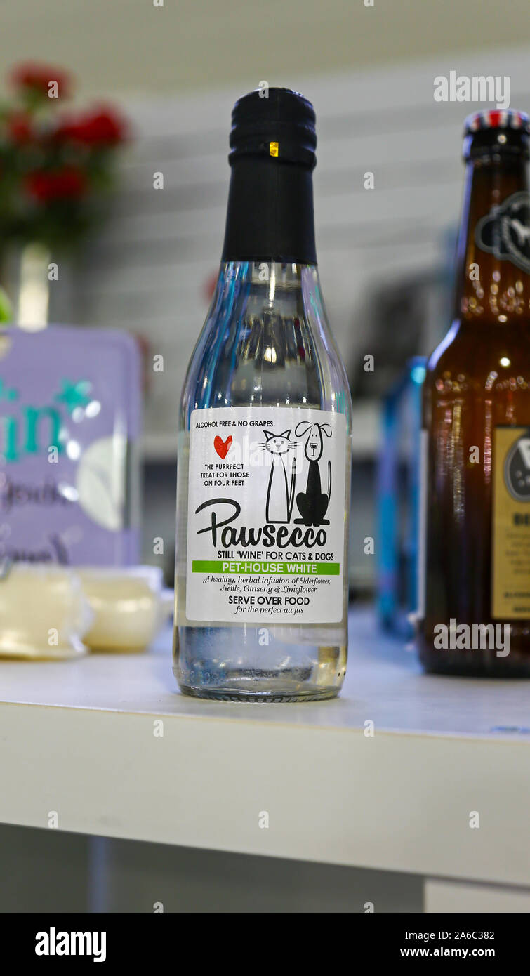 A bottle of Pawseco, a pet house 'wine', alcohol free and no grapes consisting of a herbal infusion of Elderflower and Ginseng, for cats and dogs Stock Photo