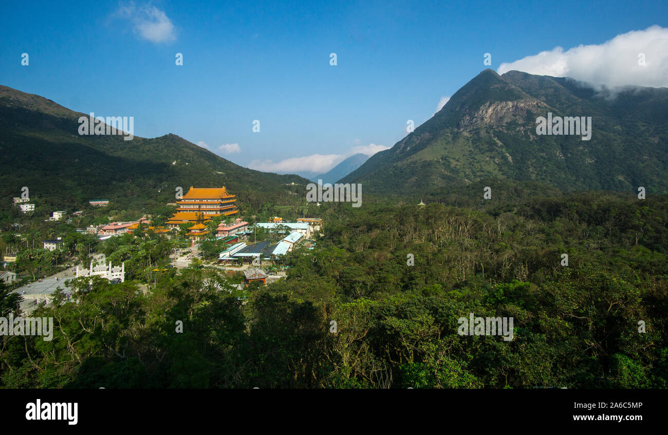 Panoramic view of the mountains and the forest around the Big Buddha in Lantau Island , Hong Kong .  Its an amazing short escape from the crowded cit Stock Photo