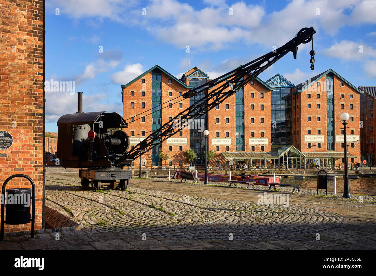 General view of warehouses and steam crane in Gloucester docks Stock