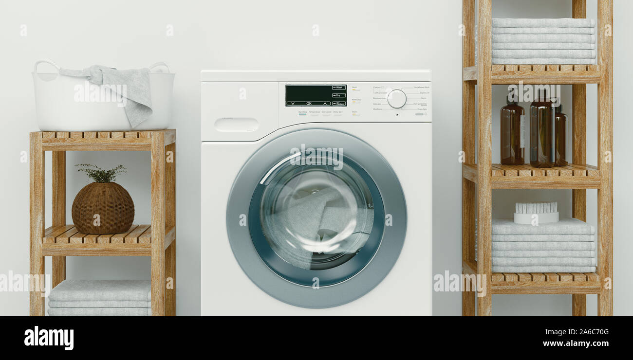 Modern bathroom with shiny white cabinets and washing machine, 3d rendering Stock Photo