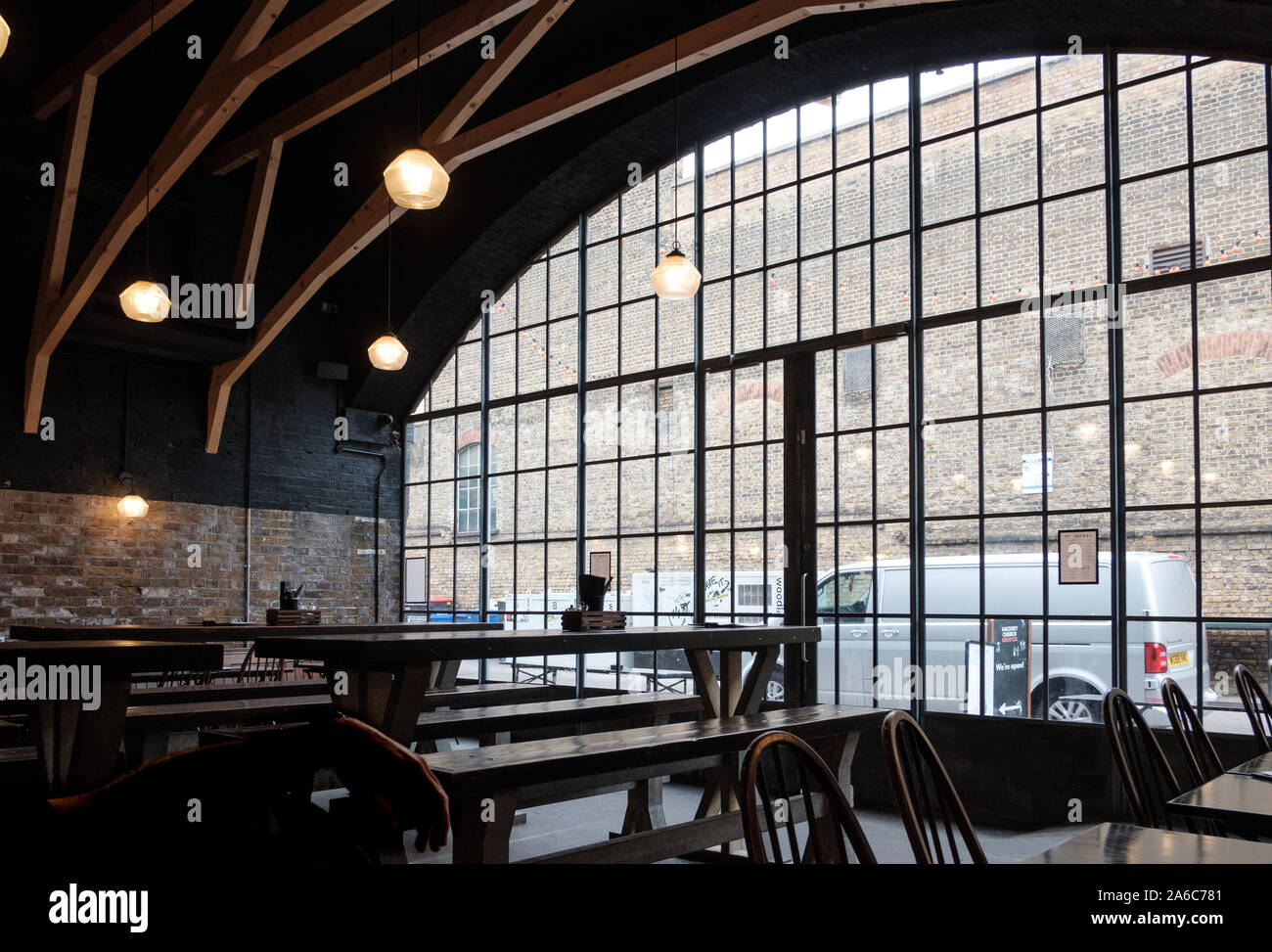 Interior of Lagom and the Hackney Church Brew Co, a microwbrewery and kitchen under the railway arches at Bohemia Place, Hackney, East London Stock Photo